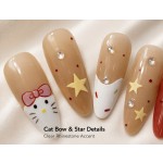 Cute Hand‑Painted Cartoon Cat Press‑On Nails, Sweet Almond False Nails With Star & Polka Dot Red Accent